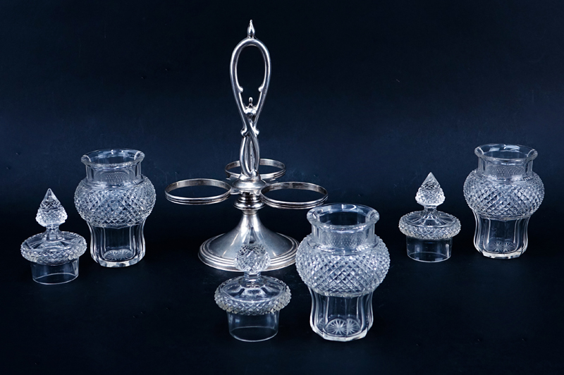 Antique Continental Silver Three Arm Cruet Set with Cut Glass Bottles.