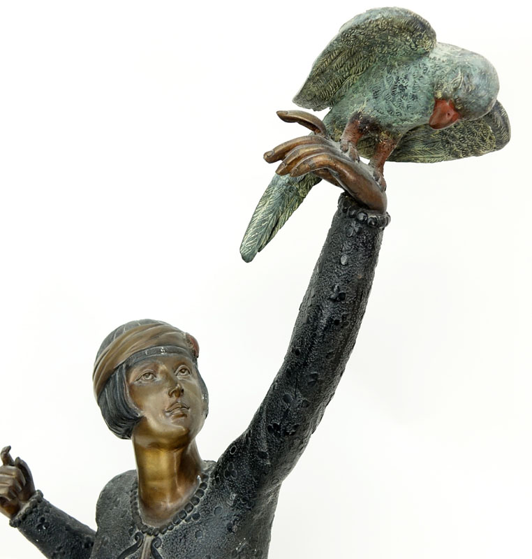 Large Art Deco style Patinated Bronze Sculpture, Dancer with Bird, Unsigned. 