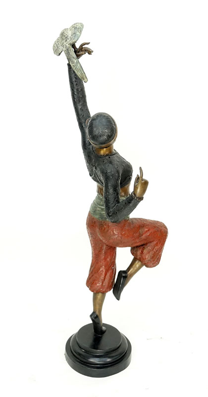 Large Art Deco style Patinated Bronze Sculpture, Dancer with Bird, Unsigned. 