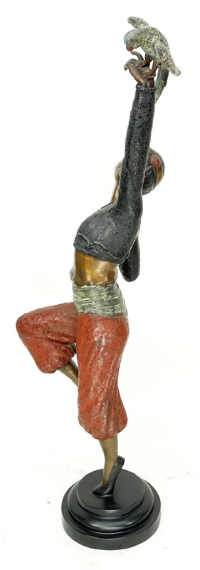 Large Art Deco style Patinated Bronze Sculpture, Dancer with Bird, Unsigned. 