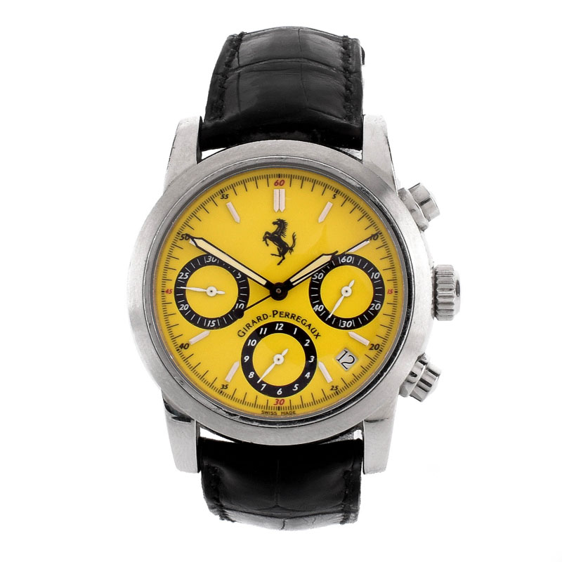 Men's Vintage Girard-Perregaux for Ferrari Stainless Steel Chronograph with Yellow Dial and Leather Strap.