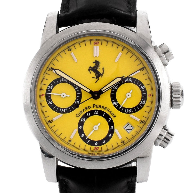 Men's Vintage Girard-Perregaux for Ferrari Stainless Steel Chronograph with Yellow Dial and Leather Strap.