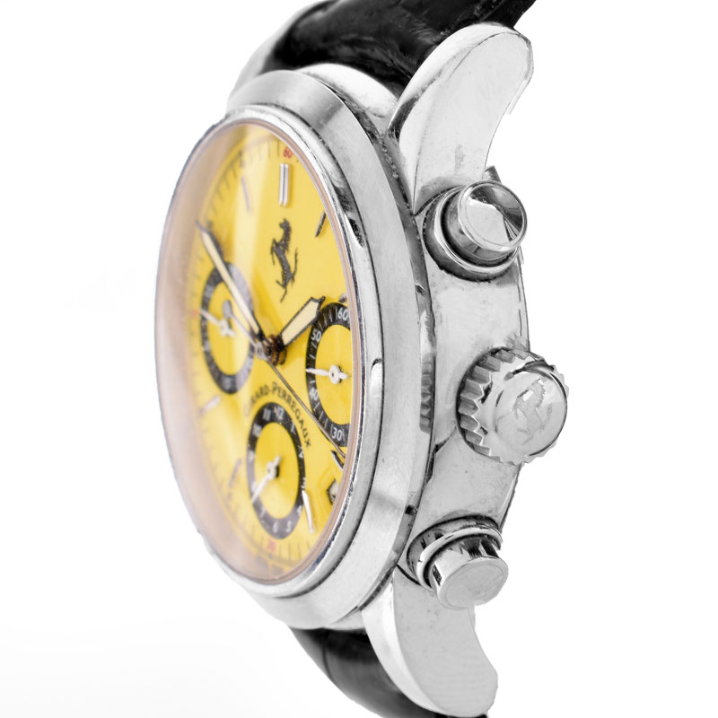Men's Vintage Girard-Perregaux for Ferrari Stainless Steel Chronograph with Yellow Dial and Leather Strap.
