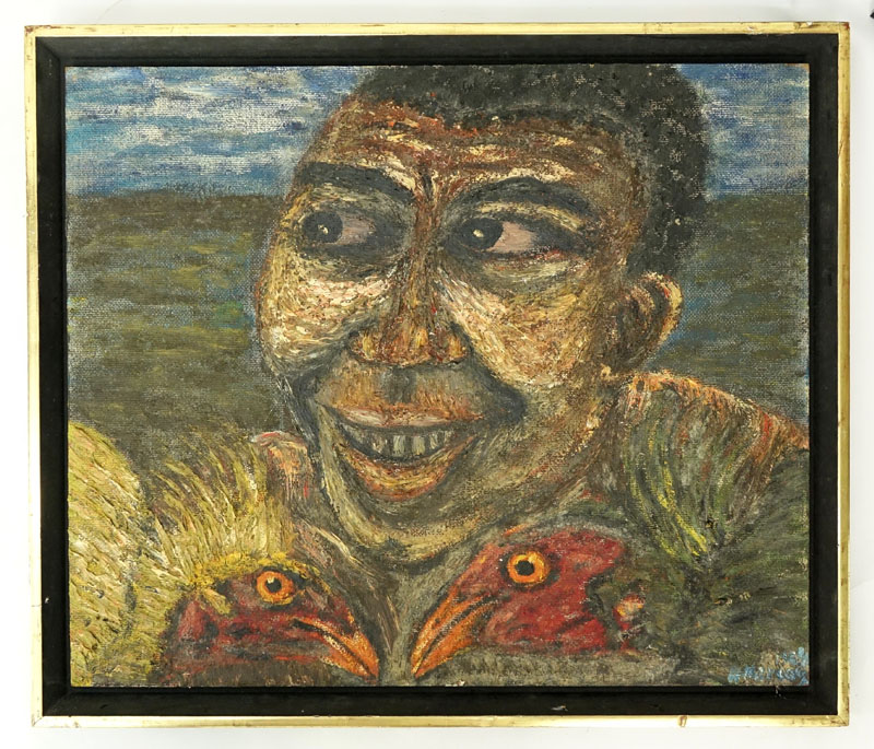 Henri Merceron, Haitian (20th century) Oil on Masonite, Portrait of a Male with Roosters.
