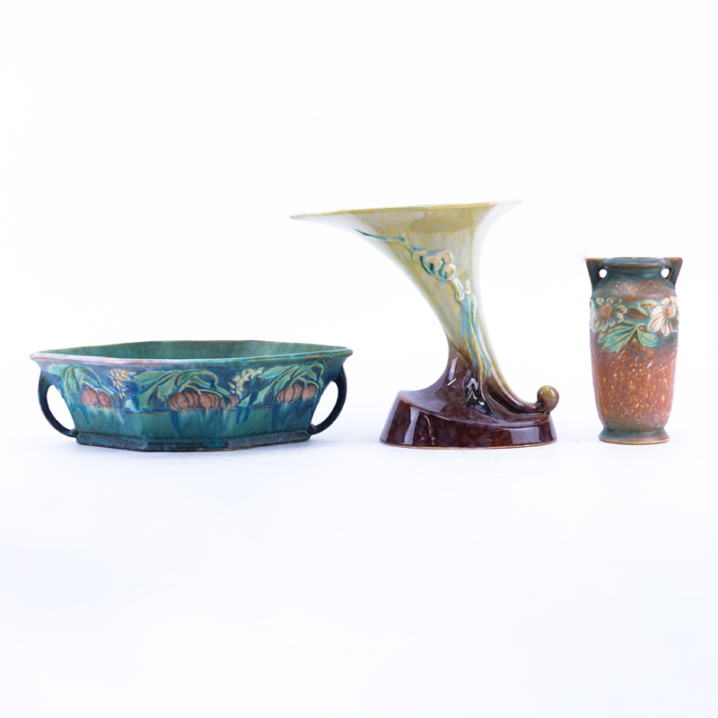 Three (3) Roseville Pottery Tableware. Includes: cornucopia 222-8, handle vase, and handled bowl.