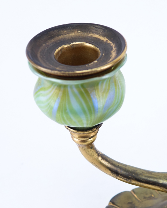 Pair of Tiffany Studios New York, Gilt-Bronze Two Light Candelabras with Hand Blown Favrile Glass Uni Form Cups #1230.
