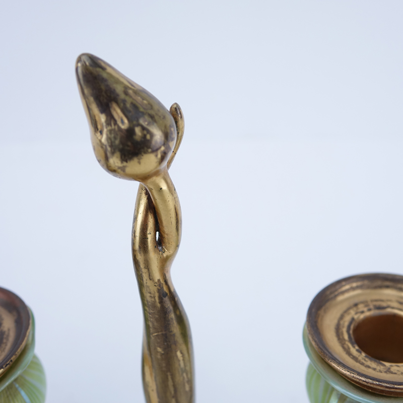 Pair of Tiffany Studios New York, Gilt-Bronze Two Light Candelabras with Hand Blown Favrile Glass Uni Form Cups #1230.