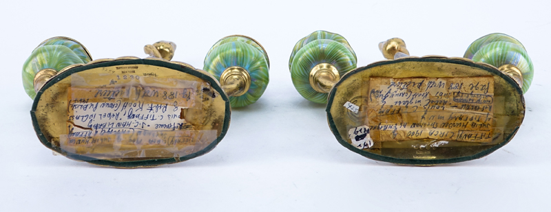 Pair of Tiffany Studios New York, Gilt-Bronze Two Light Candelabras with Hand Blown Favrile Glass Uni Form Cups #1230.