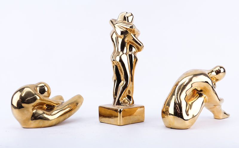 Three (3) Art Deco Gilt Ceramic Figures. Two are signed.