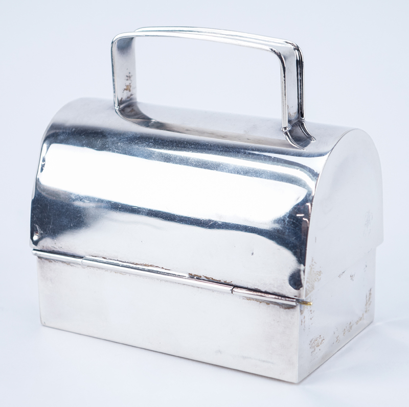 Cartier Hand Made Sterling Silver Miniature Lunch Box. Inscribed "Linda And Jay November 27, 1971".