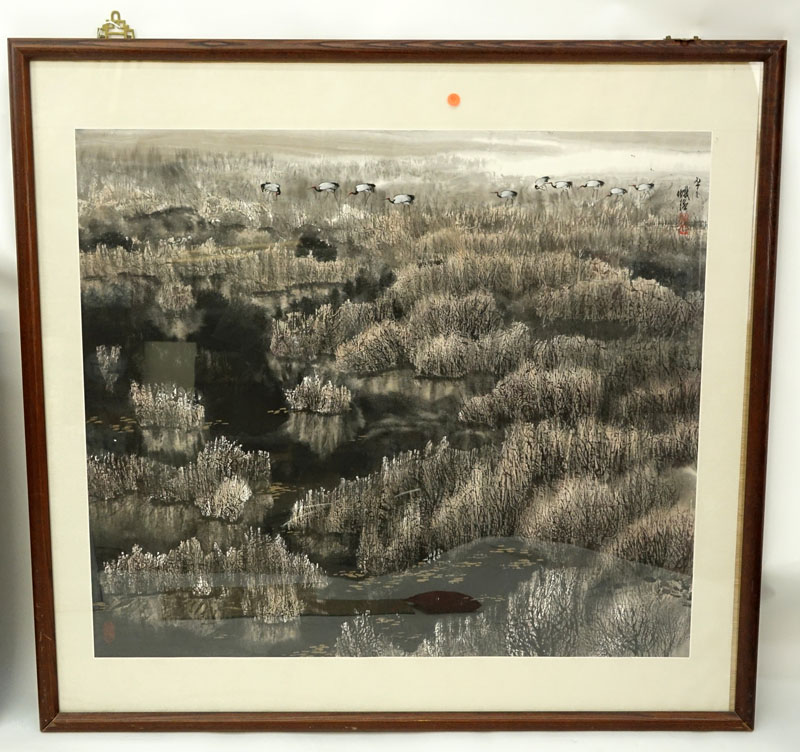 20th Century Chinese Watercolor Scroll Painting, Cranes in a Pond, Stamp Signed and inscribed.