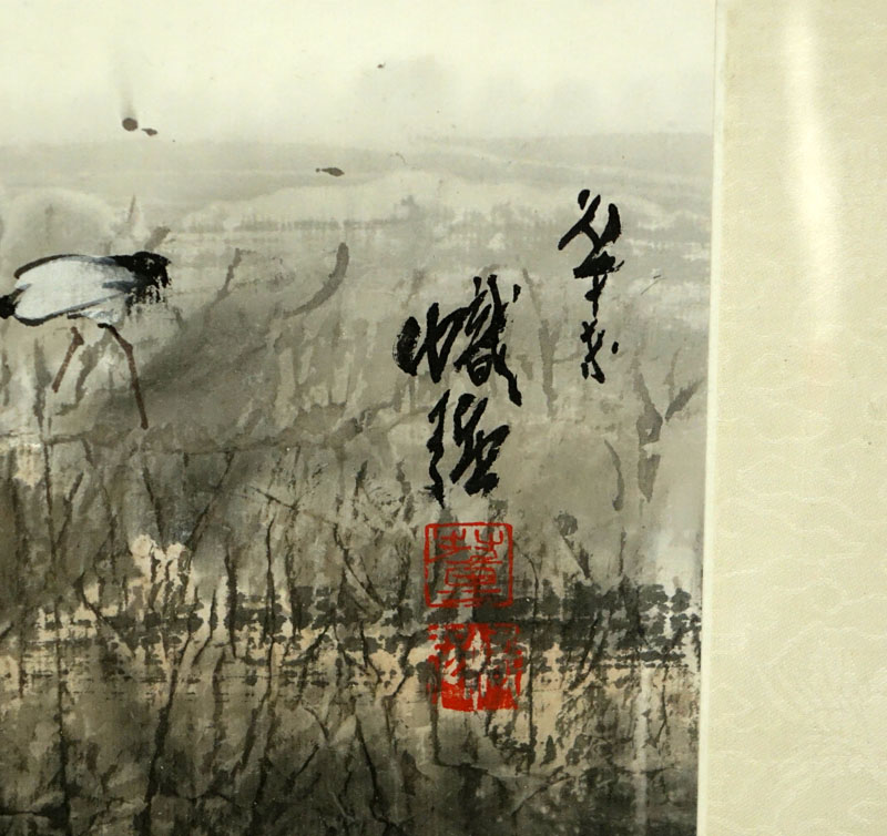 20th Century Chinese Watercolor Scroll Painting, Cranes in a Pond, Stamp Signed and inscribed.