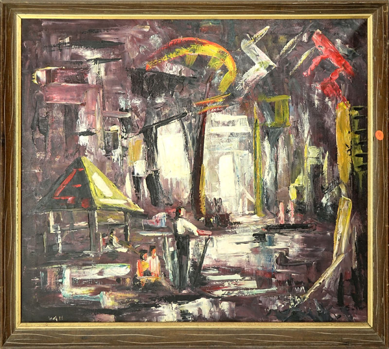 Lewis Vandercar, American  (1913 - 1988) Oil on Canvas, Untitled Abstract with Figures in Outdoor Scene, Signed Lower Left.