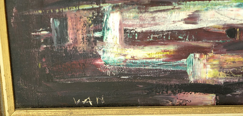 Lewis Vandercar, American  (1913 - 1988) Oil on Canvas, Untitled Abstract with Figures in Outdoor Scene, Signed Lower Left.