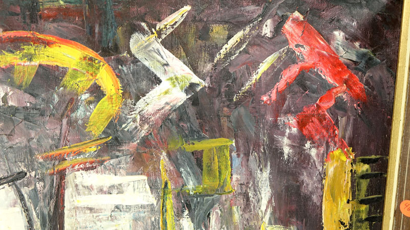 Lewis Vandercar, American  (1913 - 1988) Oil on Canvas, Untitled Abstract with Figures in Outdoor Scene, Signed Lower Left.