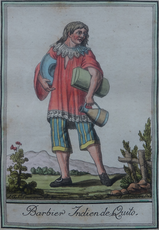 Pair of Antique Hand Colored Engravings. Includes: "Barbier Indien de Quito" and "Nobles Moderne et Ancien du Perou". 