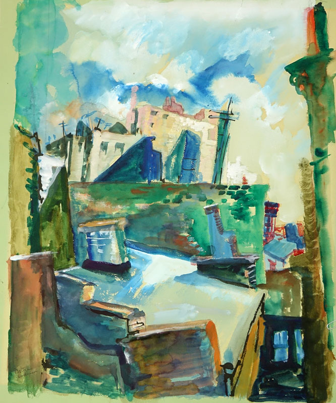 Bertram A Goodman, American (1904 - 1988) Watercolor on Paper "Roof Tops" Signed Lower Left. 