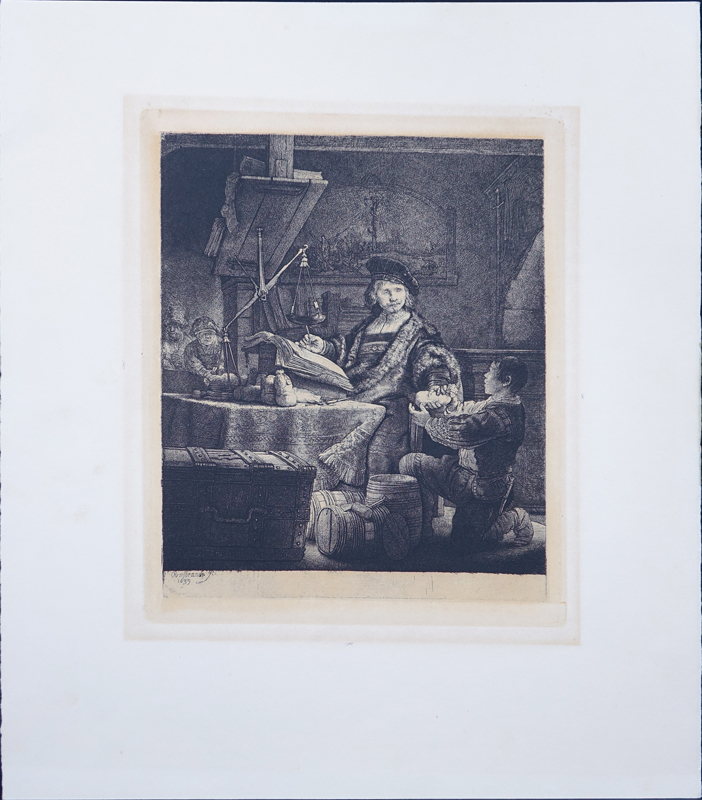 After: Rembrandt, Dutch (1606 - 1669) Etching "The Gold Weigher 1639" Signed in the Plate. 