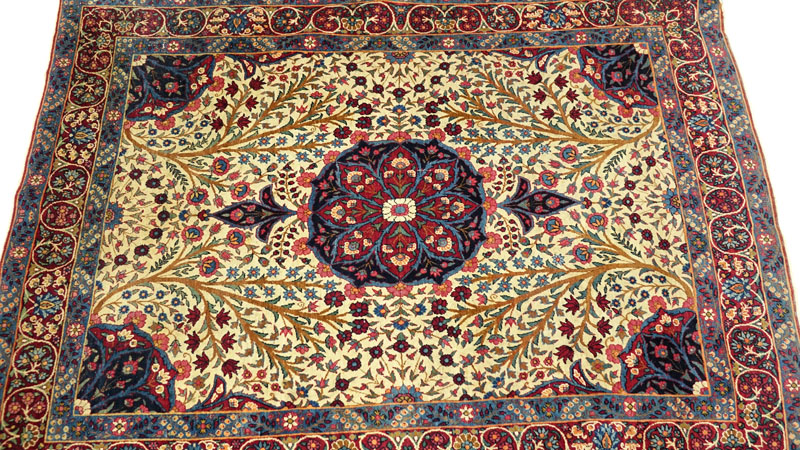 Semi Antique Persian Rug, Floral with Red/ Blue/ and Tan Background.