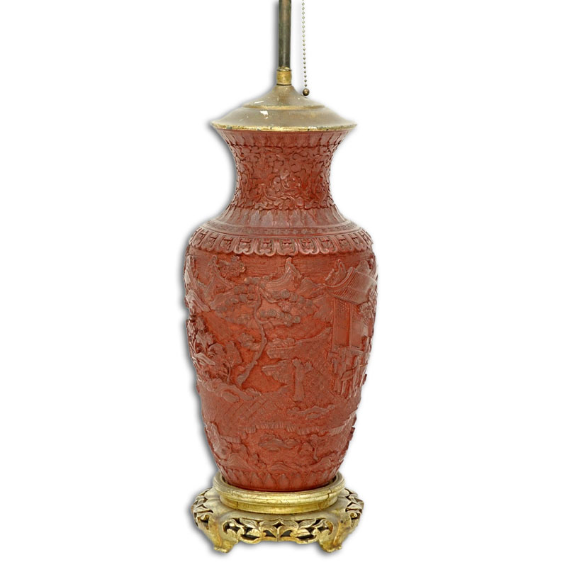 Large Chinese Cinnabar Baluster Vase Mounted as Lamp with Courtyard Scene Relief.