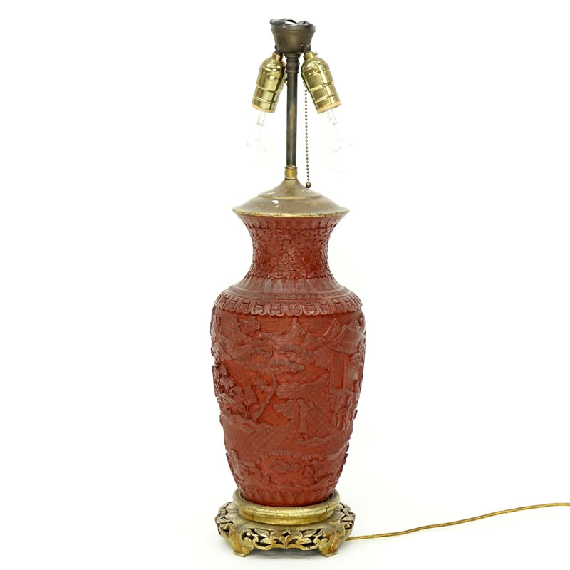 Large Chinese Cinnabar Baluster Vase Mounted as Lamp with Courtyard Scene Relief.