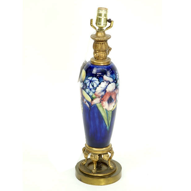 A Moorcroft Iris Pottery Vase Mounted as Lamp. Good condition.