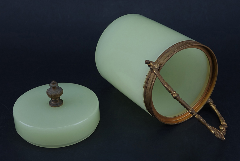 Art Nouveau French Green Opaline Glass and Brass Covered Box.