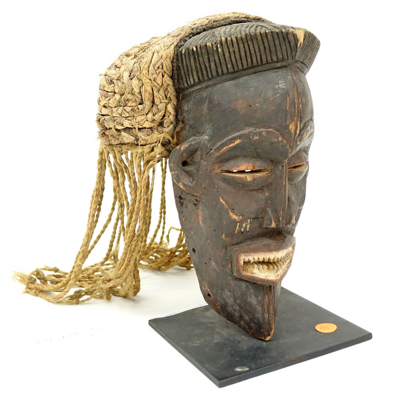 Antique or Later African Chokwe Mask with Headdress on Fitted Metal Stand.