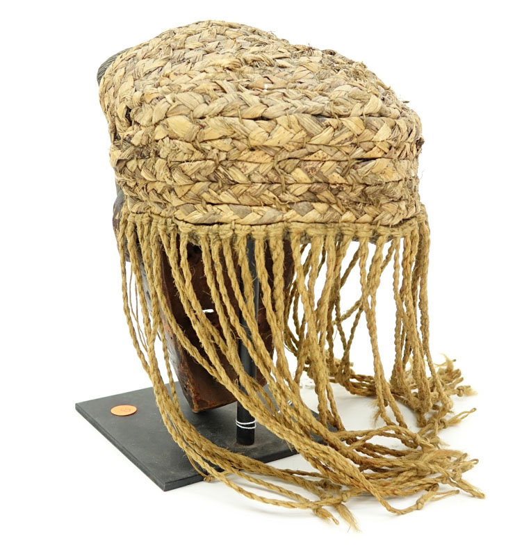 Antique or Later African Chokwe Mask with Headdress on Fitted Metal Stand.