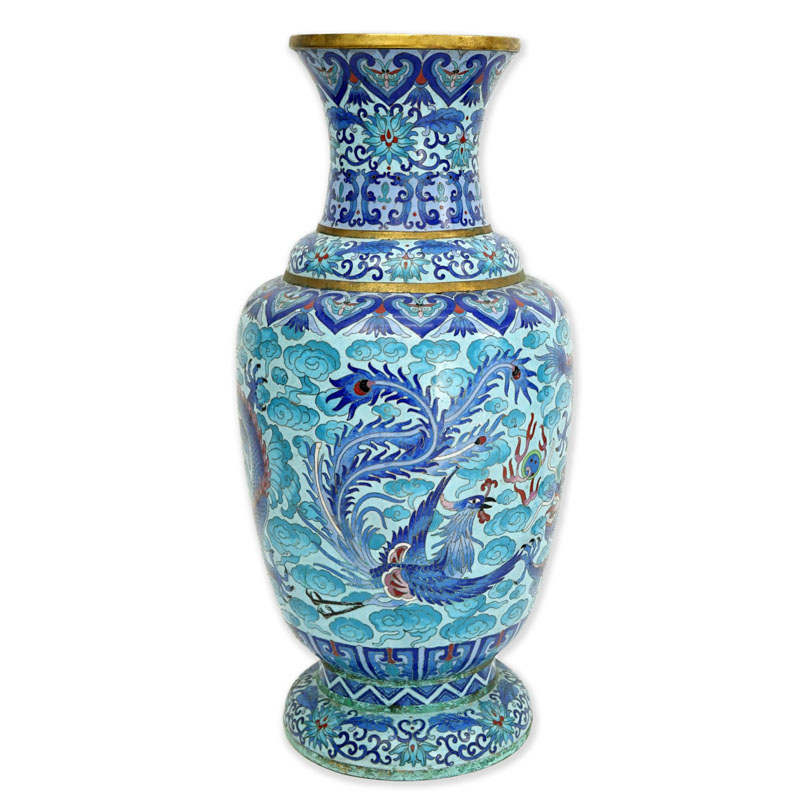Large Chinese Cloisonné Bluster Vase. ding to base, pitting, and greenish substance to surface. 