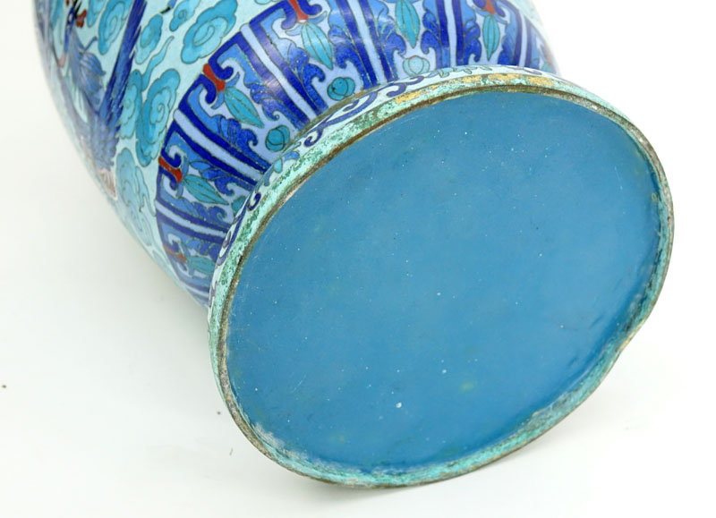 Large Chinese Cloisonné Bluster Vase. ding to base, pitting, and greenish substance to surface. 