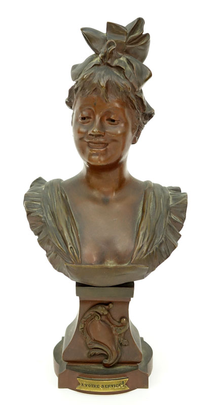George Van der Straeten, Belgium (1857- 1928) Art Nouveau Patinated Bronze Sculpture, A Votre Service, Signed on Obverse side. 