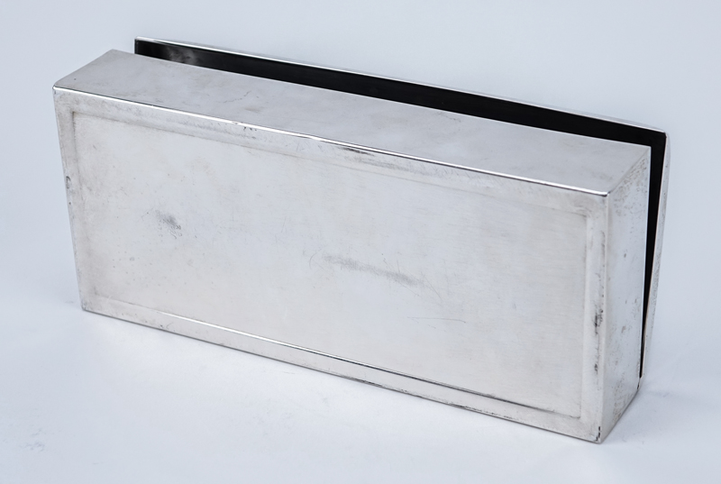 Poole Sterling Silver Cigarette Box. Wood lined. Signed. Good condition. Measures 2" H x 7-1/2" L x 3-1/4" D.