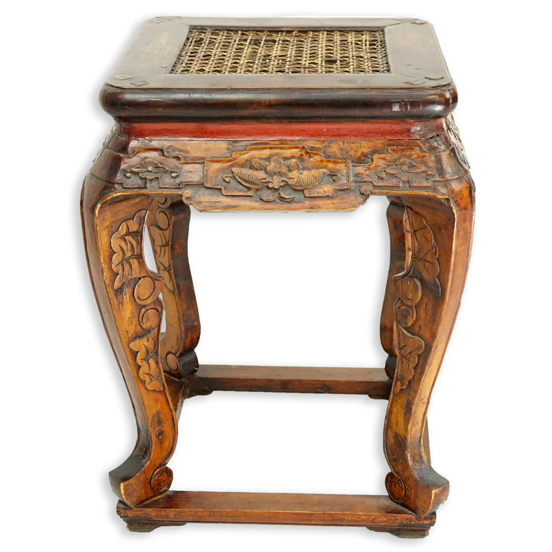 Chinese Carved Wood Stool with Cane Top.