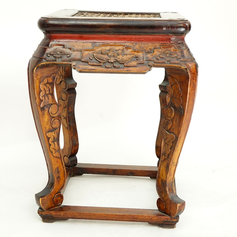 Chinese Carved Wood Stool with Cane Top.