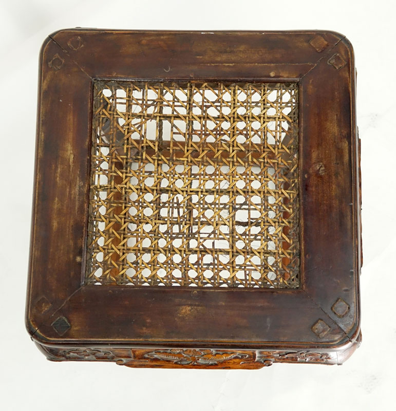 Chinese Carved Wood Stool with Cane Top.