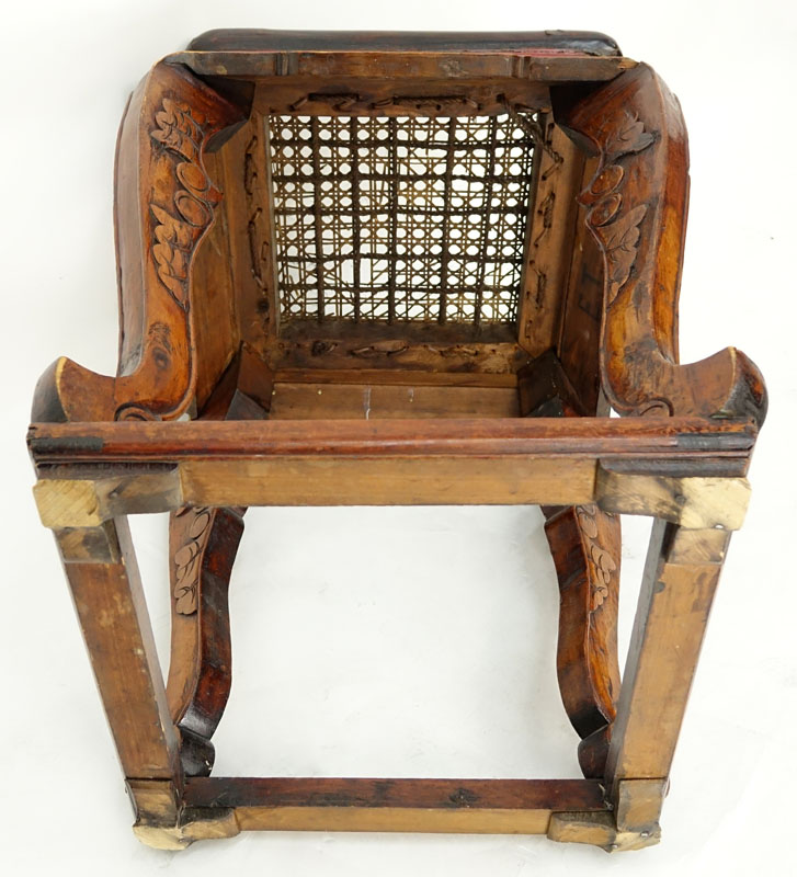 Chinese Carved Wood Stool with Cane Top.