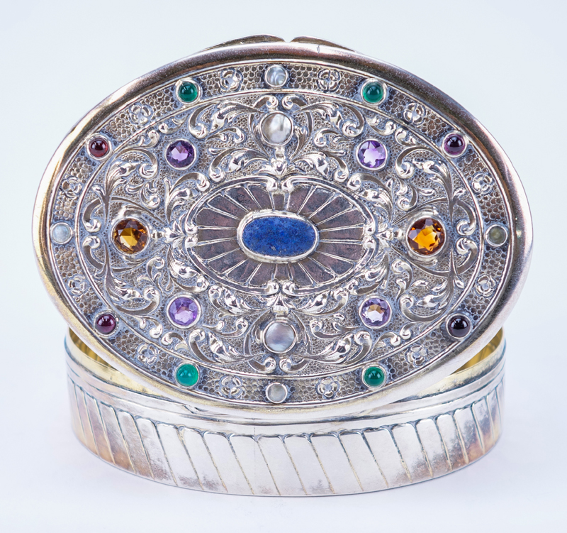 Antique 800 Silver Oval Jeweled Box. Vermeil rim, bottom and interior ...