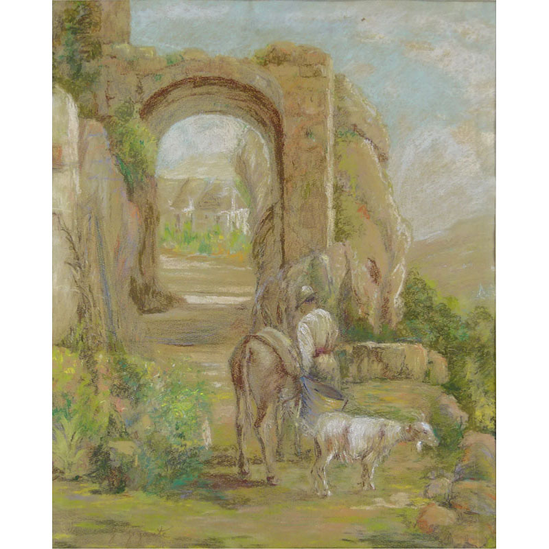 Giacinto Gigante, Italian (1806-1876) Pastel on paper "Pastoral Scene With Roman Ruins".