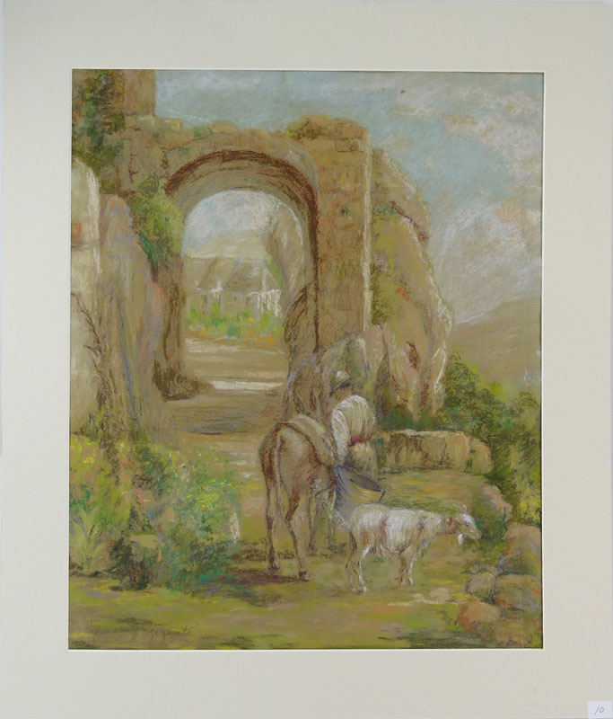 Giacinto Gigante, Italian (1806-1876) Pastel on paper "Pastoral Scene With Roman Ruins".