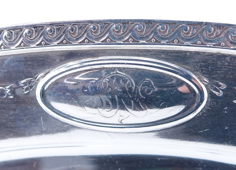 Brand-Chatillon Sterling Silver Oval Platter. Decorated with Vitruvian scroll rim, monogram in cartouche.