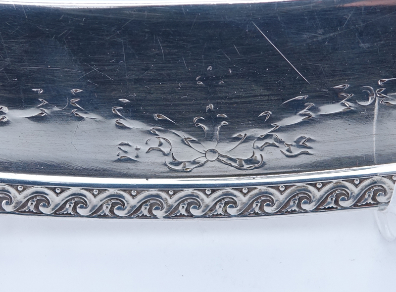 Brand-Chatillon Sterling Silver Oval Platter. Decorated with Vitruvian scroll rim, monogram in cartouche.