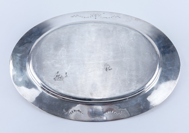 Brand-Chatillon Sterling Silver Oval Platter. Decorated with Vitruvian scroll rim, monogram in cartouche.