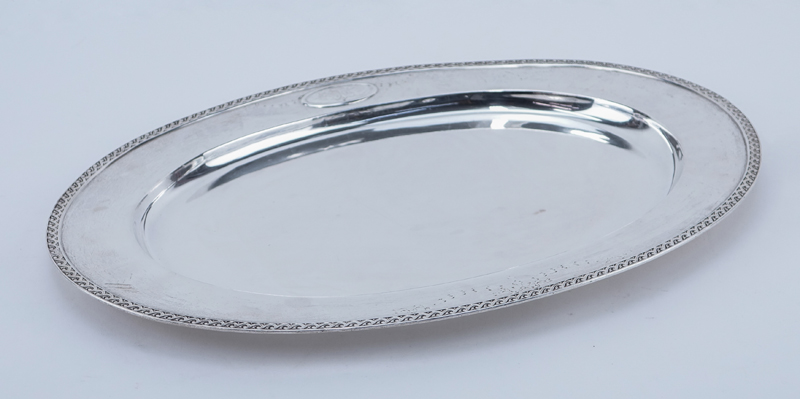 Brand-Chatillon Sterling Silver Oval Platter. Decorated with Vitruvian scroll rim, monogram in cartouche.