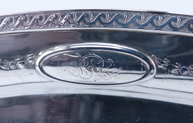 Brand-Chatillon Sterling Silver Oval Platter. Decorated with Vitruvian scroll rim, monogram in cartouche. 