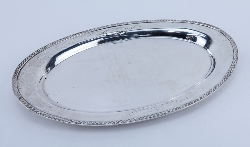 Brand-Chatillon Sterling Silver Oval Platter. Decorated with Vitruvian scroll rim, monogram in cartouche. 