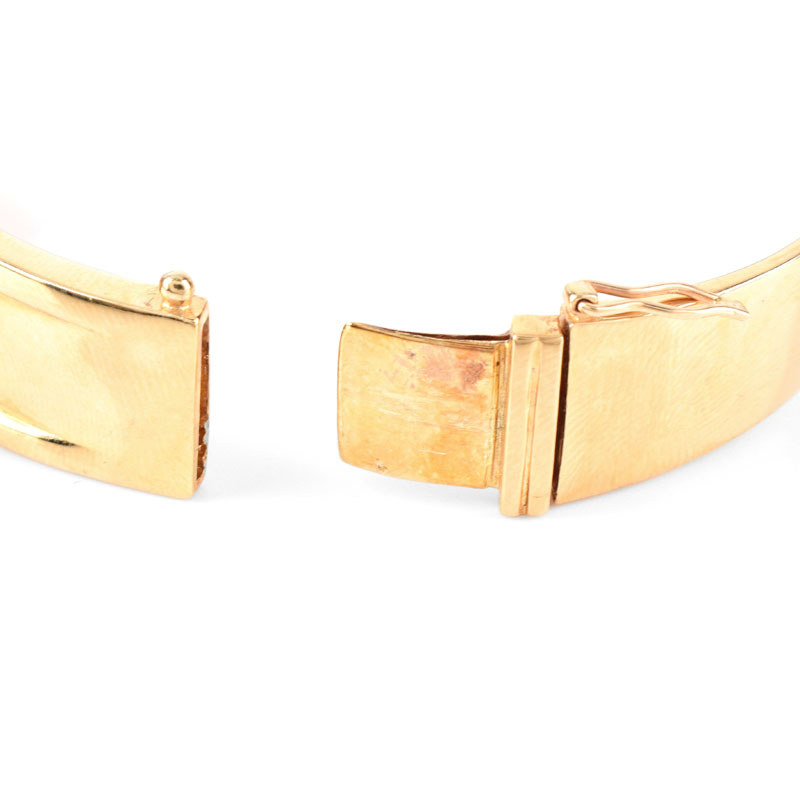 Micro Pave Set Diamond, Pearl and 14 Karat Yellow Gold Hinged Bangle Bracelet.