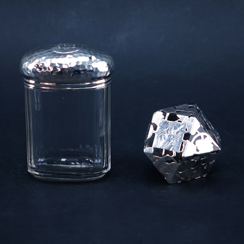 Two Silver And Glass Items. Includes English silver lidded jar, signed with English hallmarks, London 1901.