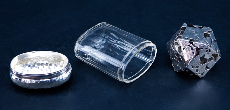 Two Silver And Glass Items. Includes English silver lidded jar, signed with English hallmarks, London 1901.