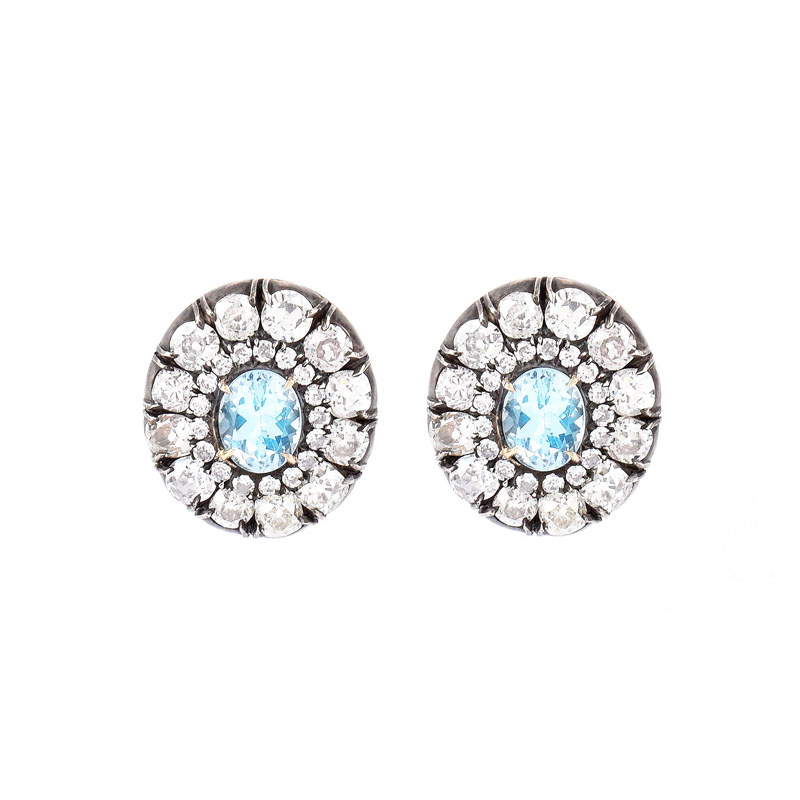Approx. 12.0 Carat Antique Old European Cut Diamond, 5.0 Carat Oval Cut Aquamarine and Silver Topped 18 Karat Yellow Gold Earrings. 